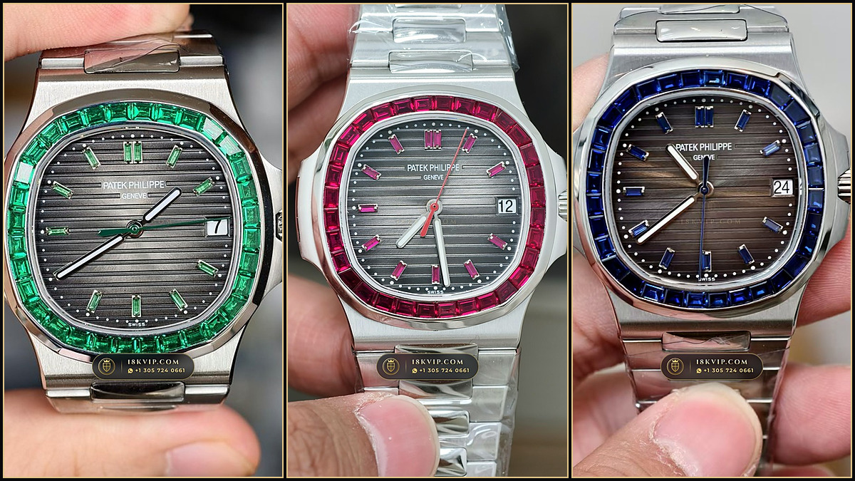 Two off-catalogue Patek Philippe Nautilus high-jewelry watches set with baguette emerald and baguette ruby bezels in a velvet treaty tray