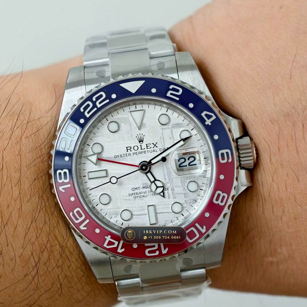 Rolex GMT-Master II Pepsi Gibeon Meteorite Dial 18K White Gold Ref. 126719BLRO — Private Vault Edition — Studio Gallery Plate IX in 18K White Gold Au750 (225.3g Verified Mass, Rolex Manufacture Cal. 3285 - 70h Power Reserve)
