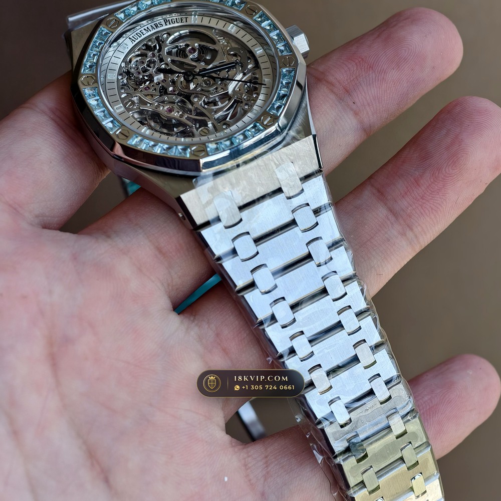Audemars Piguet Royal Oak Double Balance Wheel Openworked 41mm Baguette Blue Topaz Bezel 18K White Gold Ref. 15412BC.TO.1220BC.01 — Private Vault Edition — Studio Gallery Plate XIV in 18K White Gold Au750 (224.8g Verified Mass, Audemars Piguet Cal. 3132 Dual-Balance Openworked)