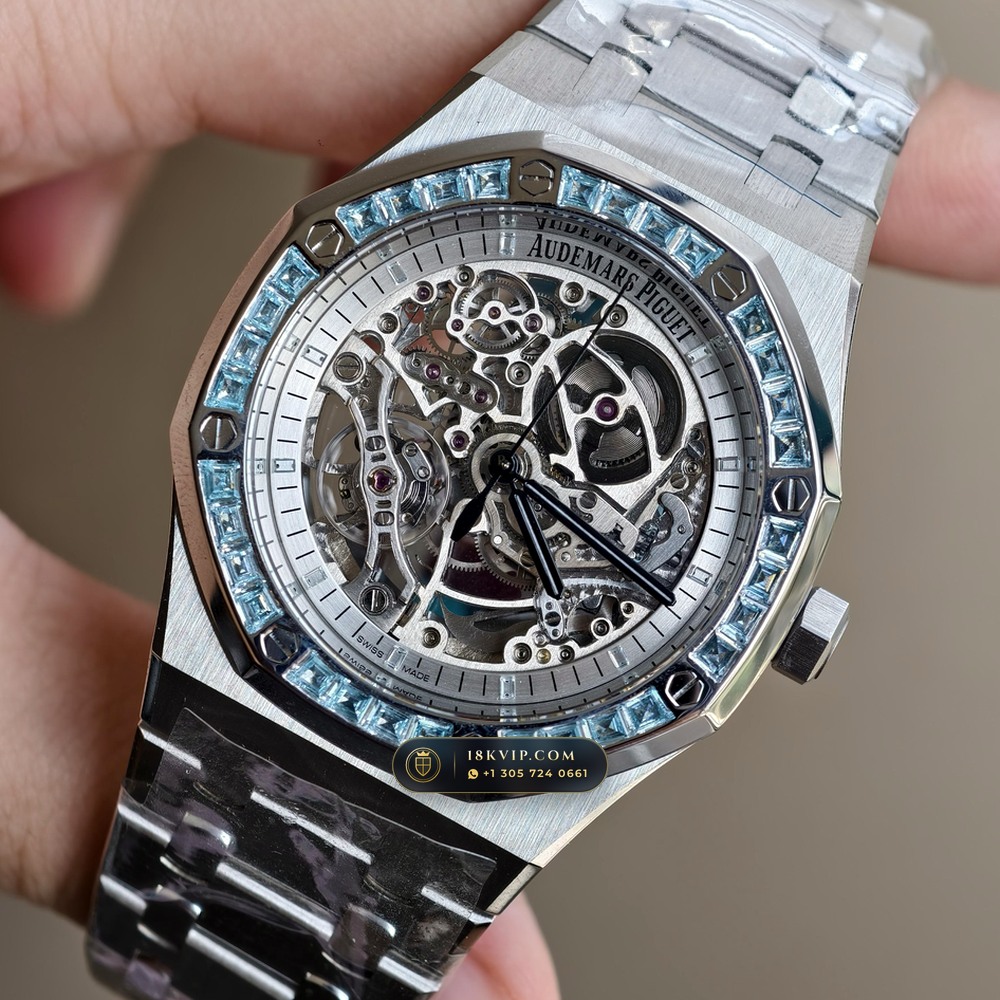 Audemars Piguet Royal Oak Double Balance Wheel Openworked 41mm Baguette Blue Topaz Bezel 18K White Gold Ref. 15412BC.TO.1220BC.01 — Private Vault Edition — Studio Gallery Plate II in 18K White Gold Au750 (224.8g Verified Mass, Audemars Piguet Cal. 3132 Dual-Balance Openworked)