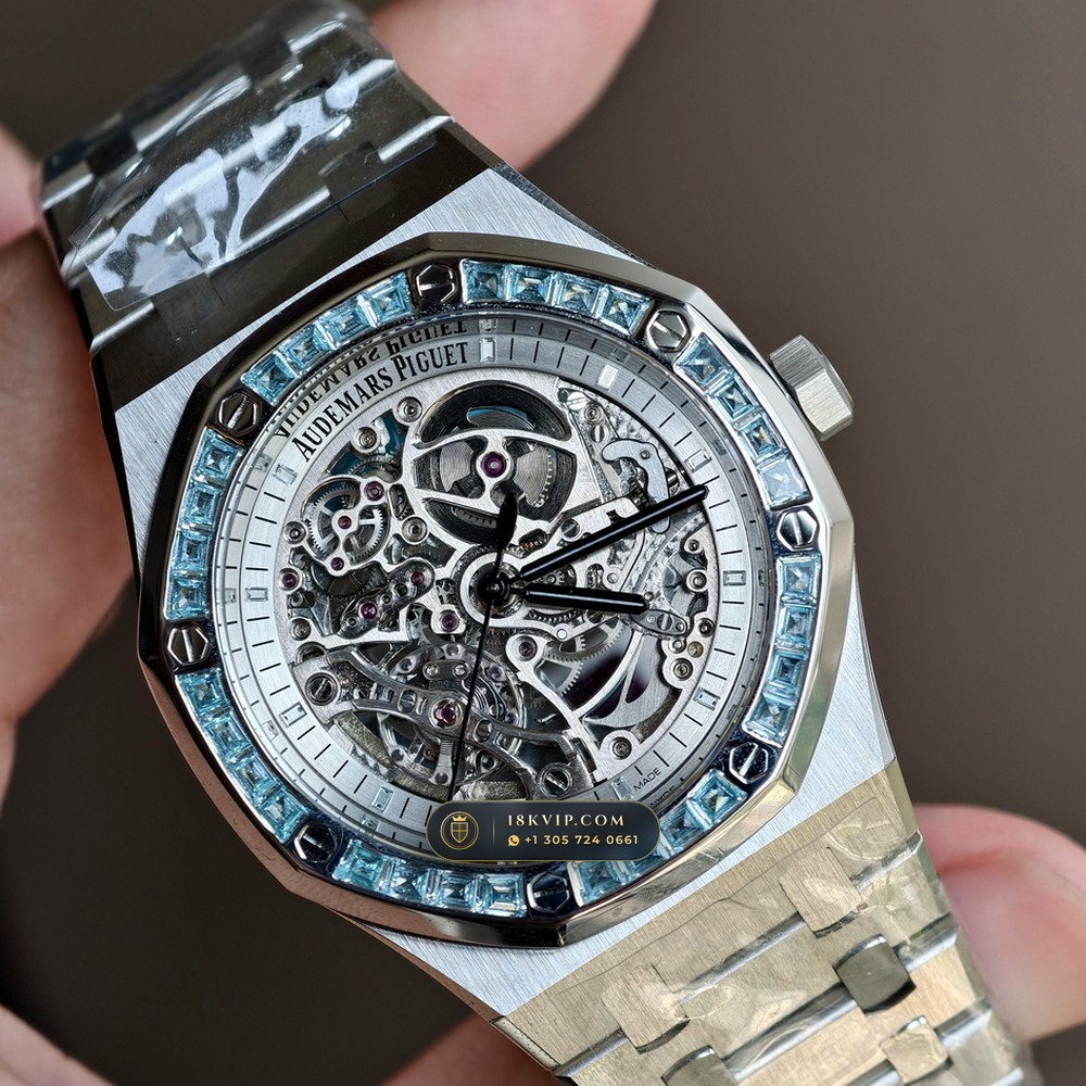 Audemars Piguet Royal Oak Double Balance Wheel Openworked 41mm Baguette Blue Topaz Bezel 18K White Gold Ref. 15412BC.TO.1220BC.01 — Private Vault Edition — Studio Gallery Plate III in 18K White Gold Au750 (224.8g Verified Mass, Audemars Piguet Cal. 3132 Dual-Balance Openworked)