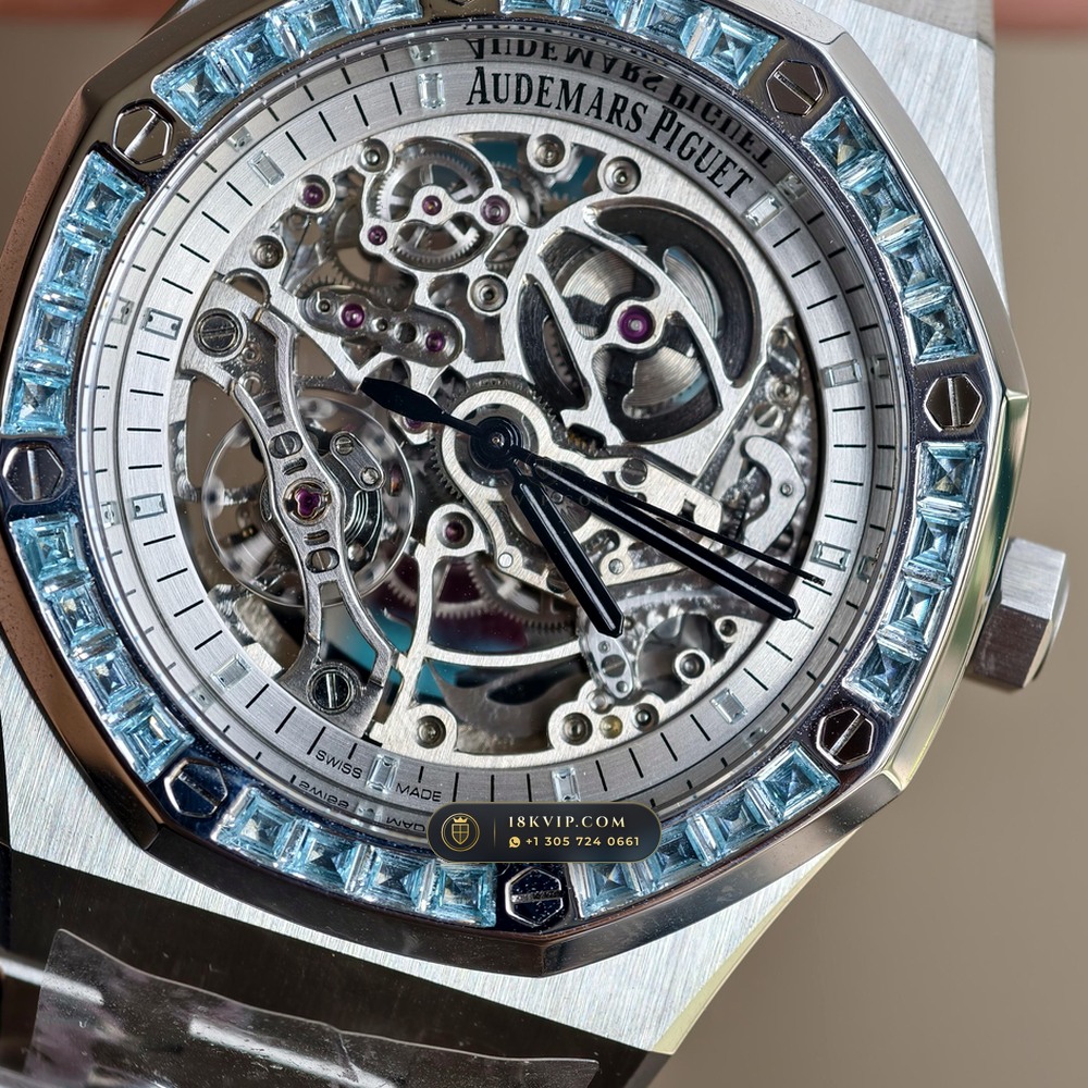 Audemars Piguet Royal Oak Double Balance Wheel Openworked 41mm Baguette Blue Topaz Bezel 18K White Gold Ref. 15412BC.TO.1220BC.01 — Private Vault Edition — Studio Gallery Plate IV in 18K White Gold Au750 (224.8g Verified Mass, Audemars Piguet Cal. 3132 Dual-Balance Openworked)
