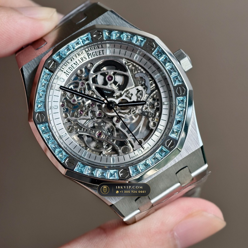 Audemars Piguet Royal Oak Double Balance Wheel Openworked 41mm Baguette Blue Topaz Bezel 18K White Gold Ref. 15412BC.TO.1220BC.01 — Private Vault Edition — Studio Gallery Plate V in 18K White Gold Au750 (224.8g Verified Mass, Audemars Piguet Cal. 3132 Dual-Balance Openworked)