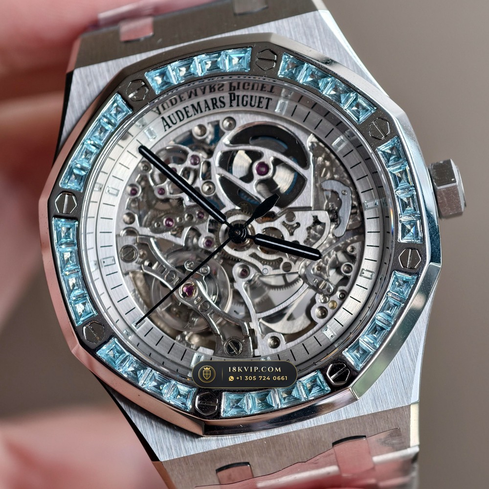 Audemars Piguet Royal Oak Double Balance Wheel Openworked 41mm Baguette Blue Topaz Bezel 18K White Gold Ref. 15412BC.TO.1220BC.01 — Private Vault Edition — Studio Gallery Plate VI in 18K White Gold Au750 (224.8g Verified Mass, Audemars Piguet Cal. 3132 Dual-Balance Openworked)