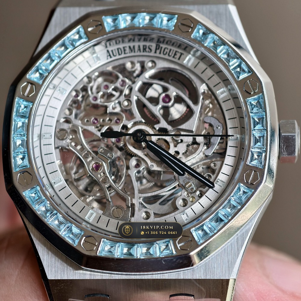 Audemars Piguet Royal Oak Double Balance Wheel Openworked 41mm Baguette Blue Topaz Bezel 18K White Gold Ref. 15412BC.TO.1220BC.01 — Private Vault Edition — Studio Gallery Plate VII in 18K White Gold Au750 (224.8g Verified Mass, Audemars Piguet Cal. 3132 Dual-Balance Openworked)