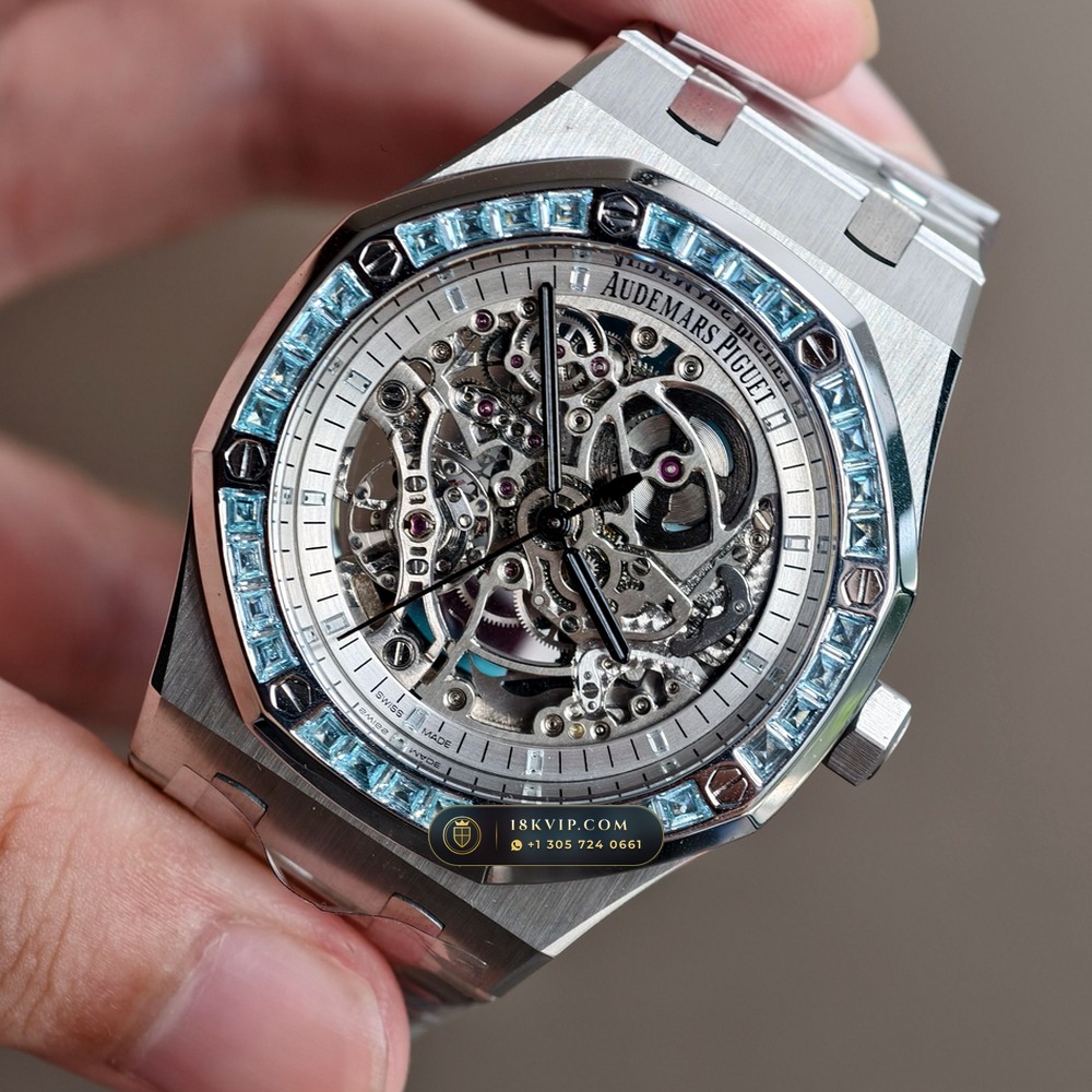 Audemars Piguet Royal Oak Double Balance Wheel Openworked 41mm Baguette Blue Topaz Bezel 18K White Gold Ref. 15412BC.TO.1220BC.01 — Private Vault Edition — Studio Gallery Plate VIII in 18K White Gold Au750 (224.8g Verified Mass, Audemars Piguet Cal. 3132 Dual-Balance Openworked)