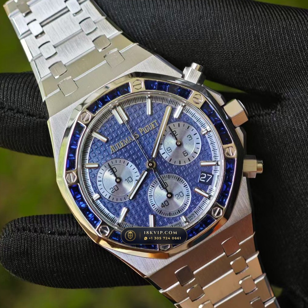 Audemars Piguet Royal Oak Selfwinding Chronograph 41mm Baguette Blue Sapphire Bezel 18K White Gold Ref. 26240BC.SS.1320BC.01 — Private Vault Edition — Studio Gallery Plate II in 18K White Gold Au750 (245.8g Verified Mass, Audemars Piguet Cal. 4401 Flyback Chronograph)