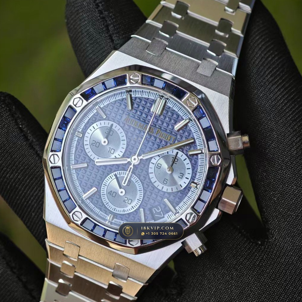 Audemars Piguet Royal Oak Selfwinding Chronograph 41mm Baguette Blue Sapphire Bezel 18K White Gold Ref. 26240BC.SS.1320BC.01 — Private Vault Edition — Studio Gallery Plate III in 18K White Gold Au750 (245.8g Verified Mass, Audemars Piguet Cal. 4401 Flyback Chronograph)