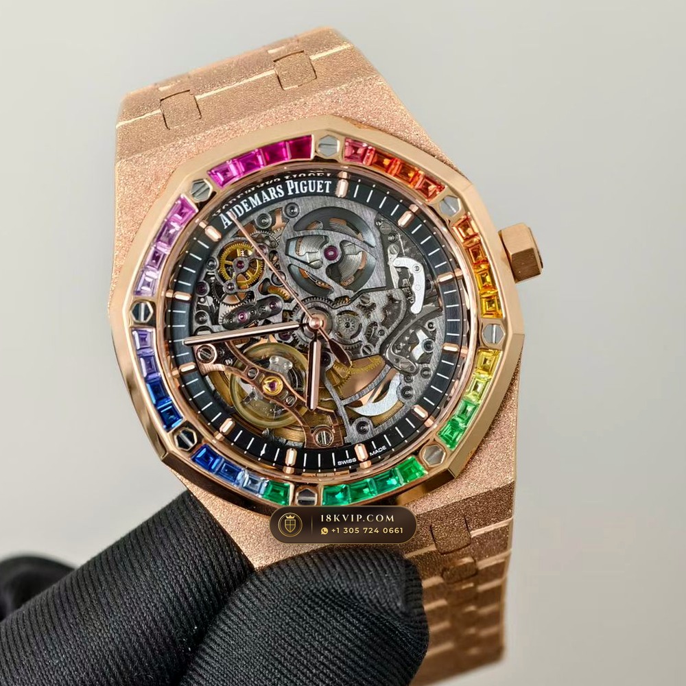 Audemars Piguet Royal Oak Double Balance Wheel Openworked 41mm Rainbow Sapphire Bezel 18K Rose Gold Ref. 15412OR.YG.1224OR.01 — Private Vault Edition — Studio Gallery Plate II in 18K Rose Gold Au750 (224.4g Verified Mass, Audemars Piguet Cal. 3132 Dual-Balance Openworked)