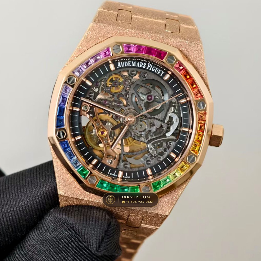 Audemars Piguet Royal Oak Double Balance Wheel Openworked 41mm Rainbow Sapphire Bezel 18K Rose Gold Ref. 15412OR.YG.1224OR.01 — Private Vault Edition — Studio Gallery Plate III in 18K Rose Gold Au750 (224.4g Verified Mass, Audemars Piguet Cal. 3132 Dual-Balance Openworked)