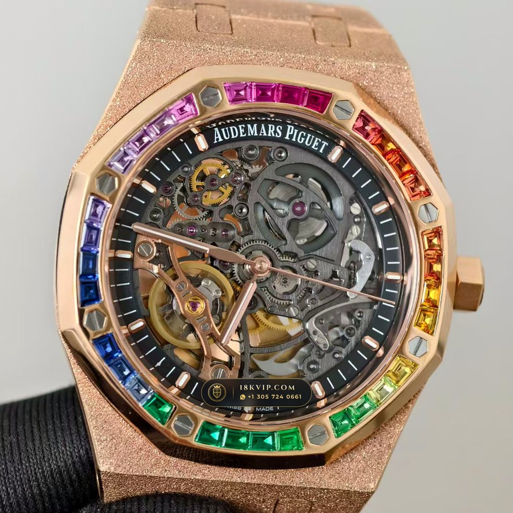 Audemars Piguet Royal Oak Double Balance Wheel Openworked 41mm Rainbow Sapphire Bezel 18K Rose Gold Ref. 15412OR.YG.1224OR.01 — Private Vault Edition — Studio Gallery Plate IV in 18K Rose Gold Au750 (224.4g Verified Mass, Audemars Piguet Cal. 3132 Dual-Balance Openworked)