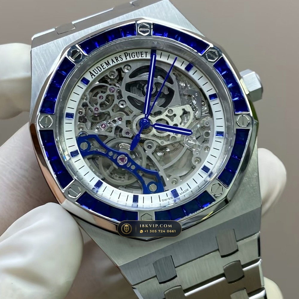 Audemars Piguet Royal Oak Double Balance Wheel Openworked 41mm Baguette Sapphire Bezel 18K White Gold Ref. 15412BC.SS.1220BC.02 — Private Vault Edition — Studio Gallery Plate II in 18K White Gold Au750 (224.8g Verified Mass, Audemars Piguet Cal. 3132 Dual-Balance Openworked)
