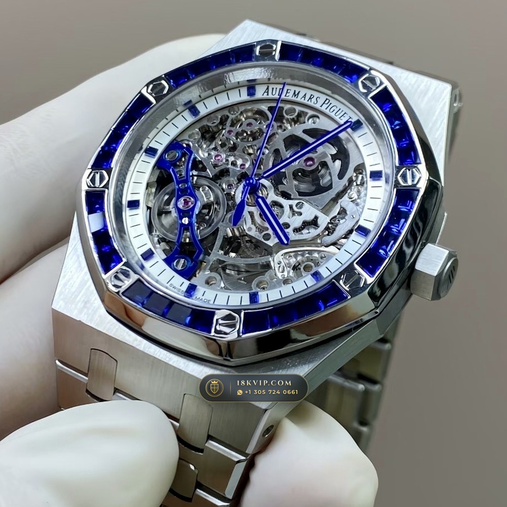 Audemars Piguet Royal Oak Double Balance Wheel Openworked 41mm Baguette Sapphire Bezel 18K White Gold Ref. 15412BC.SS.1220BC.02 — Private Vault Edition — Studio Gallery Plate III in 18K White Gold Au750 (224.8g Verified Mass, Audemars Piguet Cal. 3132 Dual-Balance Openworked)