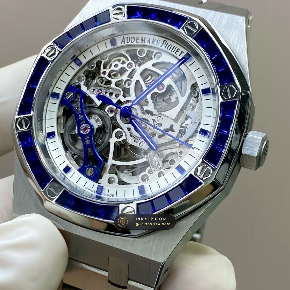 Audemars Piguet Royal Oak Double Balance Wheel Openworked 41mm Baguette Sapphire Bezel 18K White Gold Ref. 15412BC.SS.1220BC.02 — Private Vault Edition — Studio Gallery Plate IV in 18K White Gold Au750 (224.8g Verified Mass, Audemars Piguet Cal. 3132 Dual-Balance Openworked)