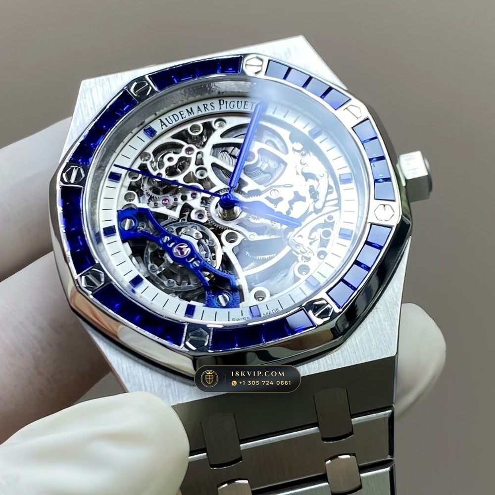 Audemars Piguet Royal Oak Double Balance Wheel Openworked 41mm Baguette Sapphire Bezel 18K White Gold Ref. 15412BC.SS.1220BC.02 — Private Vault Edition — Studio Gallery Plate V in 18K White Gold Au750 (224.8g Verified Mass, Audemars Piguet Cal. 3132 Dual-Balance Openworked)