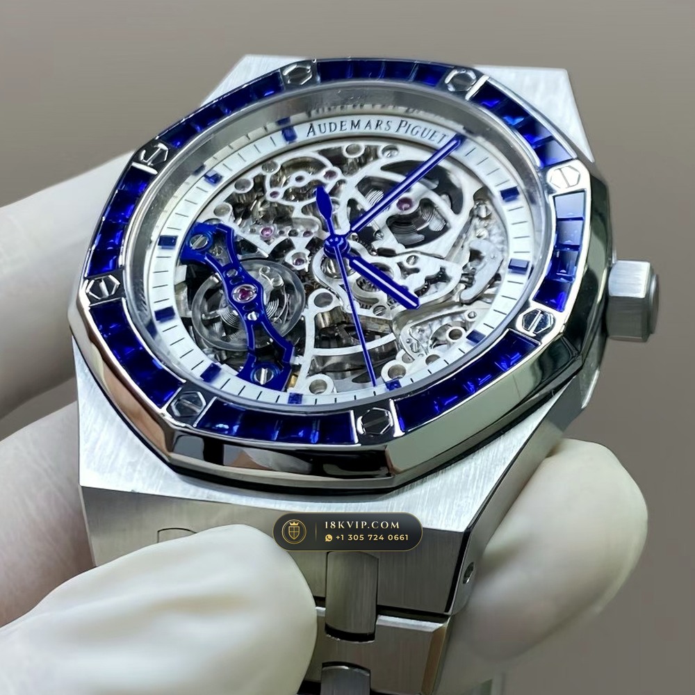 Audemars Piguet Royal Oak Double Balance Wheel Openworked 41mm Baguette Sapphire Bezel 18K White Gold Ref. 15412BC.SS.1220BC.02 — Private Vault Edition — Studio Gallery Plate VII in 18K White Gold Au750 (224.8g Verified Mass, Audemars Piguet Cal. 3132 Dual-Balance Openworked)