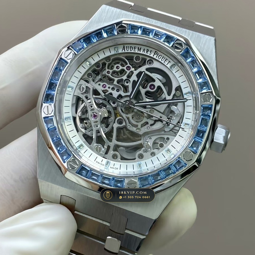 Audemars Piguet Royal Oak Double Balance Wheel Openworked 41mm Baguette Blue Topaz Bezel 18K White Gold Free-Sprung Calibre Ref. 15412BC.TO.1220BC.01 — Private Vault Edition — Studio Gallery Plate II in 18K White Gold Au750 (224.5g Verified Mass, Audemars Piguet Cal. 3132 Dual-Balance Openworked)