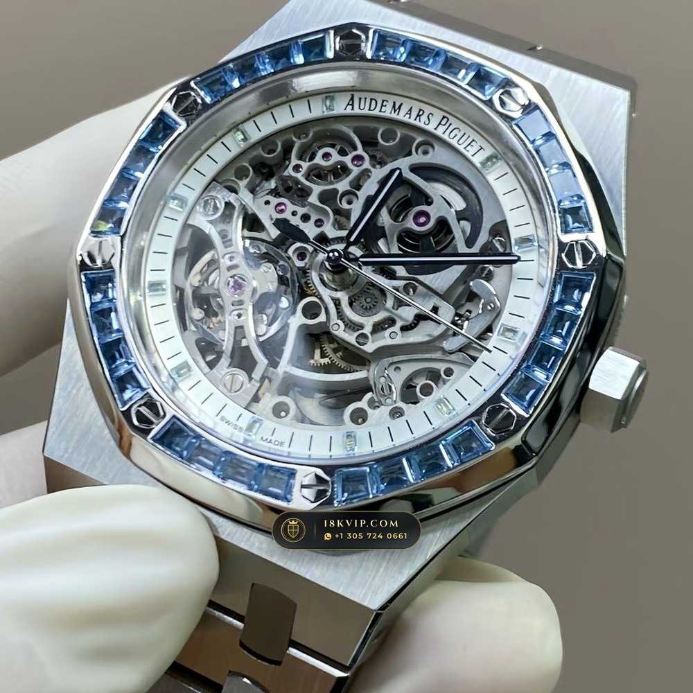 Audemars Piguet Royal Oak Double Balance Wheel Openworked 41mm Baguette Blue Topaz Bezel 18K White Gold Free-Sprung Calibre Ref. 15412BC.TO.1220BC.01 — Private Vault Edition — Studio Gallery Plate III in 18K White Gold Au750 (224.5g Verified Mass, Audemars Piguet Cal. 3132 Dual-Balance Openworked)