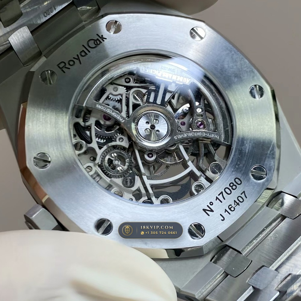 Audemars Piguet Royal Oak Double Balance Wheel Openworked 41mm Baguette Blue Topaz Bezel 18K White Gold Free-Sprung Calibre Ref. 15412BC.TO.1220BC.01 — Private Vault Edition — Studio Gallery Plate IV in 18K White Gold Au750 (224.5g Verified Mass, Audemars Piguet Cal. 3132 Dual-Balance Openworked)