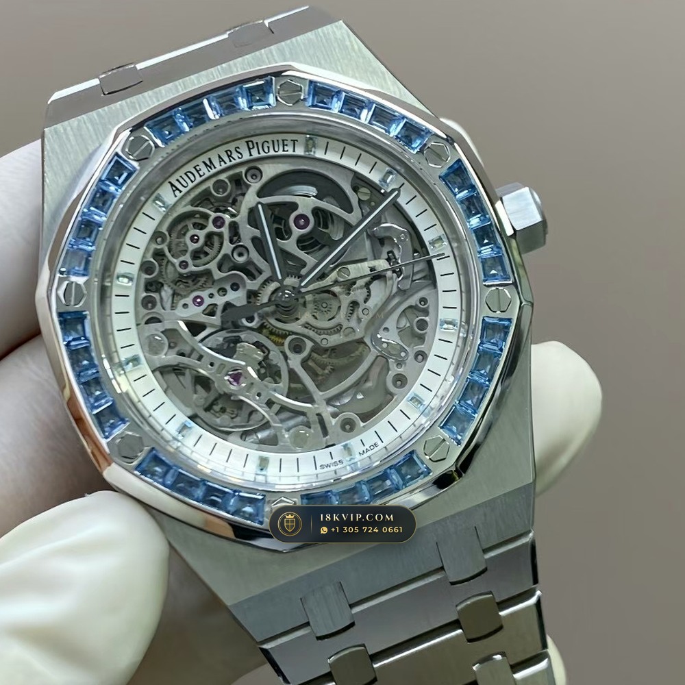 Audemars Piguet Royal Oak Double Balance Wheel Openworked 41mm Baguette Blue Topaz Bezel 18K White Gold Free-Sprung Calibre Ref. 15412BC.TO.1220BC.01 — Private Vault Edition — Studio Gallery Plate V in 18K White Gold Au750 (224.5g Verified Mass, Audemars Piguet Cal. 3132 Dual-Balance Openworked)