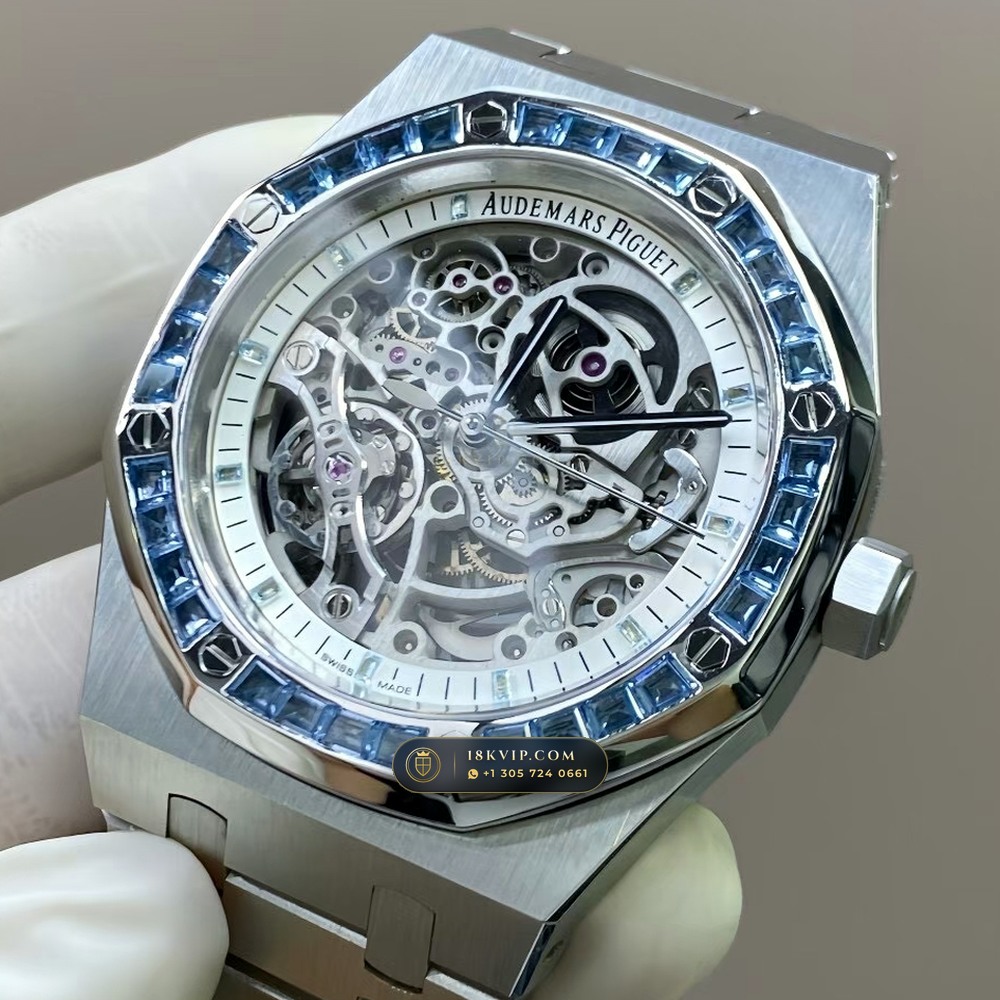 Audemars Piguet Royal Oak Double Balance Wheel Openworked 41mm Baguette Blue Topaz Bezel 18K White Gold Free-Sprung Calibre Ref. 15412BC.TO.1220BC.01 — Private Vault Edition — Studio Gallery Plate VI in 18K White Gold Au750 (224.5g Verified Mass, Audemars Piguet Cal. 3132 Dual-Balance Openworked)