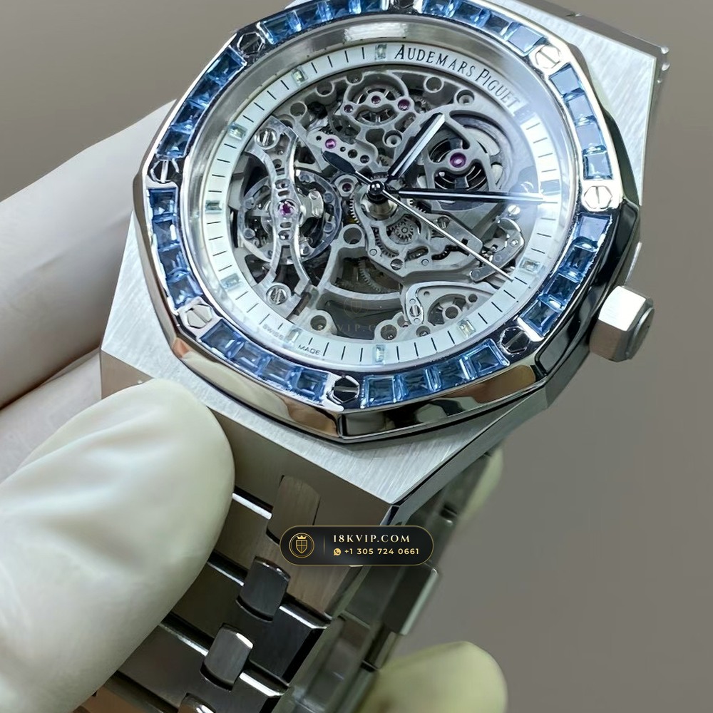 Audemars Piguet Royal Oak Double Balance Wheel Openworked 41mm Baguette Blue Topaz Bezel 18K White Gold Free-Sprung Calibre Ref. 15412BC.TO.1220BC.01 — Private Vault Edition — Studio Gallery Plate VII in 18K White Gold Au750 (224.5g Verified Mass, Audemars Piguet Cal. 3132 Dual-Balance Openworked)
