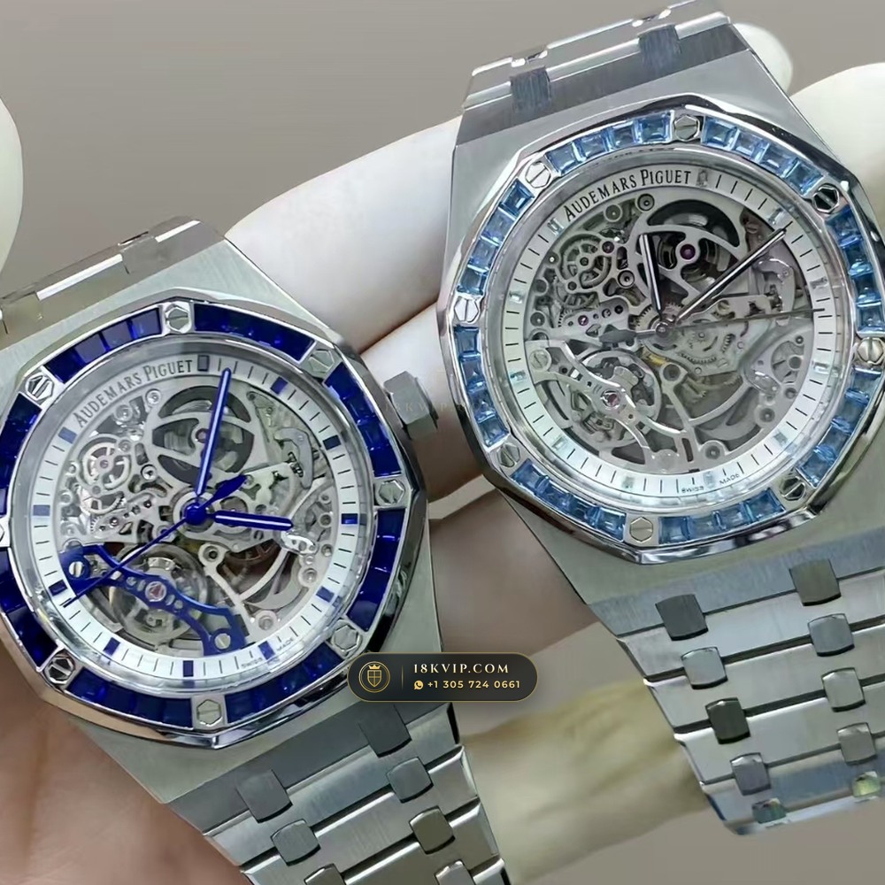 Audemars Piguet Royal Oak Double Balance Wheel Openworked 41mm Baguette Blue Topaz Bezel 18K White Gold Free-Sprung Calibre Ref. 15412BC.TO.1220BC.01 — Private Vault Edition — Studio Gallery Plate VIII in 18K White Gold Au750 (224.5g Verified Mass, Audemars Piguet Cal. 3132 Dual-Balance Openworked)