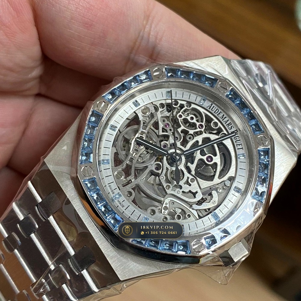 Audemars Piguet Royal Oak Double Balance Wheel Openworked 41mm Baguette Blue Topaz Bezel 18K White Gold Geneva Atelier Spec Ref. 15412BC.TO.1220BC.01 — Private Vault Edition — Studio Gallery Plate II in 18K White Gold Au750 (224.1g Verified Mass, Audemars Piguet Cal. 3132 Dual-Balance Openworked)
