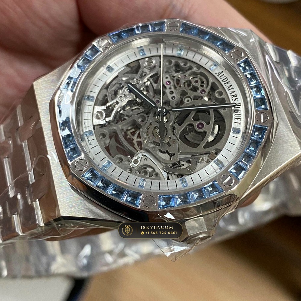 Audemars Piguet Royal Oak Double Balance Wheel Openworked 41mm Baguette Blue Topaz Bezel 18K White Gold Geneva Atelier Spec Ref. 15412BC.TO.1220BC.01 — Private Vault Edition — Studio Gallery Plate III in 18K White Gold Au750 (224.1g Verified Mass, Audemars Piguet Cal. 3132 Dual-Balance Openworked)