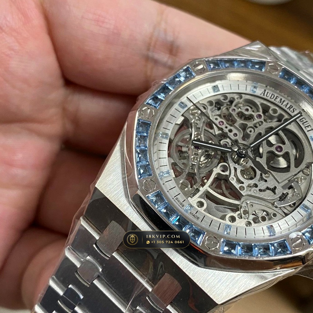 Audemars Piguet Royal Oak Double Balance Wheel Openworked 41mm Baguette Blue Topaz Bezel 18K White Gold Geneva Atelier Spec Ref. 15412BC.TO.1220BC.01 — Private Vault Edition — Studio Gallery Plate IV in 18K White Gold Au750 (224.1g Verified Mass, Audemars Piguet Cal. 3132 Dual-Balance Openworked)