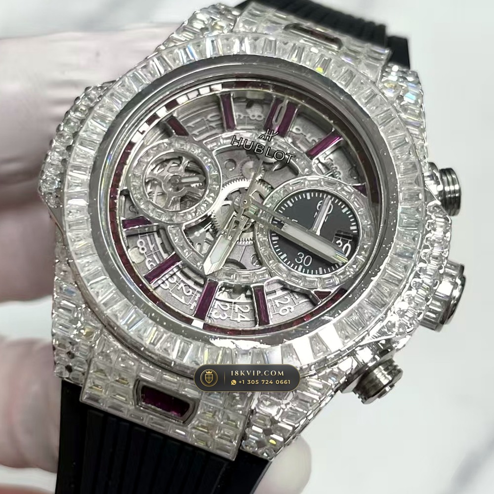 Hublot Big Bang Unico 42mm Full VVS Diamond & Ruby Rehaut Edition Ref. 441.NX.1170.RX — Private Vault Edition — Studio Gallery Plate II in Grade 5 Titanium Monobloc (120.3g Verified Mass, Hublot Unico Flyback Chronograph Cal. HUB1280)