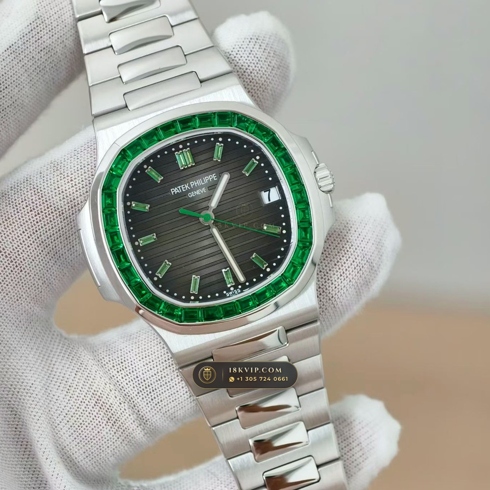 Patek Philippe Nautilus Self-Winding Baguette Emerald Bezel 950 Platinum Ref. 5711/113P-001 — Private Vault Edition — Studio Gallery Plate II in 950 Platinum Pt950 (245.4g Verified Mass, Patek Philippe Cal. 26-330 S C / Cal. 324 S C - 21K Gold Rotor)