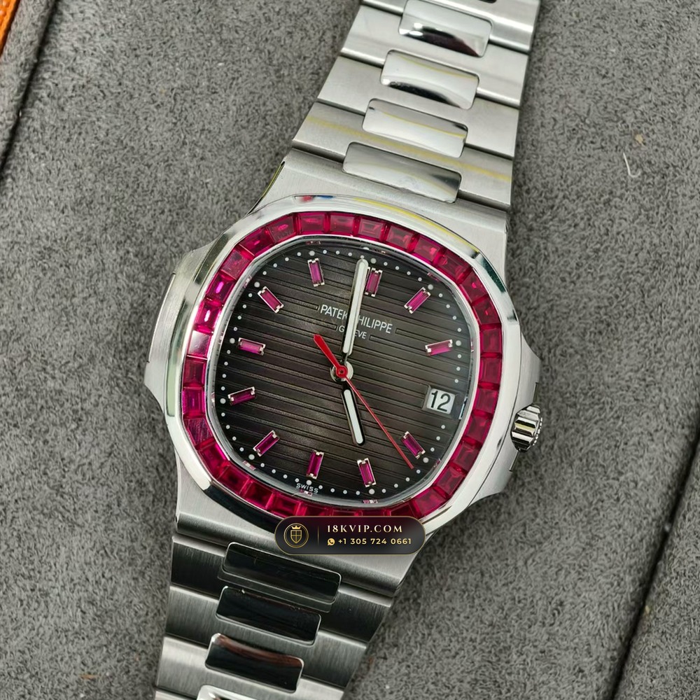 Patek Philippe Nautilus Self-Winding Baguette Ruby Bezel 950 Platinum Ref. 5711/112P-001 — Private Vault Edition — Studio Gallery Plate III in 950 Platinum Pt950 (245.1g Verified Mass, Patek Philippe Cal. 26-330 S C / Cal. 324 S C - 21K Gold Rotor)