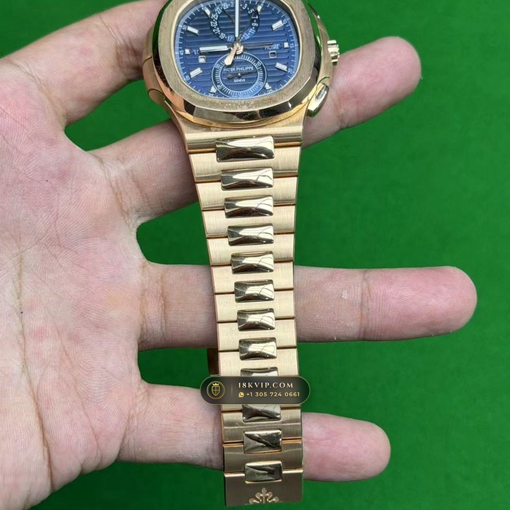 Patek Philippe Nautilus Travel Time Chronograph Sunburst Blue Dial 18K Rose Gold Ref. 5990/1R-001 — Private Vault Edition — Studio Gallery Plate III in 18K Rose Gold Au750 (197.6g Verified Mass, Patek Philippe Cal. CH 28-520 C FUS - 21K Gold Rotor)