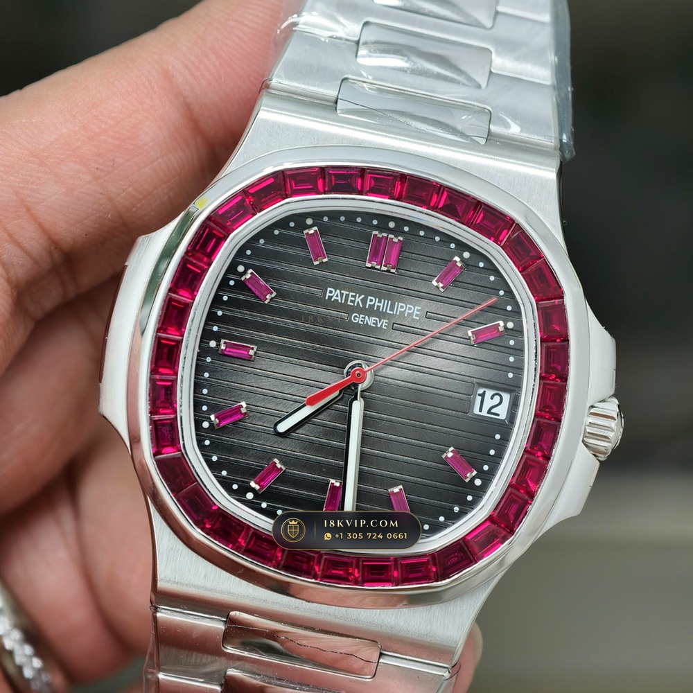 Patek Philippe Nautilus Off-Catalogue Baguette Ruby Bezel 950 Platinum Ref. 5711/112P-001 — Private Vault Edition — Studio Gallery Plate II in 950 Platinum Pt950 (245.4g Verified Mass, Patek Philippe Cal. 26-330 S C / Cal. 324 S C - 21K Gold Rotor)