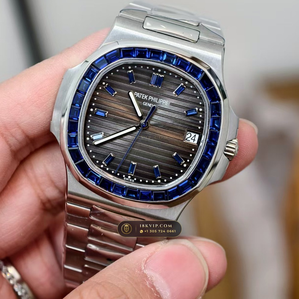 Patek Philippe Nautilus Off-Catalogue Baguette Blue Sapphire Bezel 950 Platinum Ref. 5711/111P-001 — Private Vault Edition — Studio Gallery Plate II in 950 Platinum Pt950 (245.4g Verified Mass, Patek Philippe Cal. 26-330 S C / Cal. 324 S C - 21K Gold Rotor)