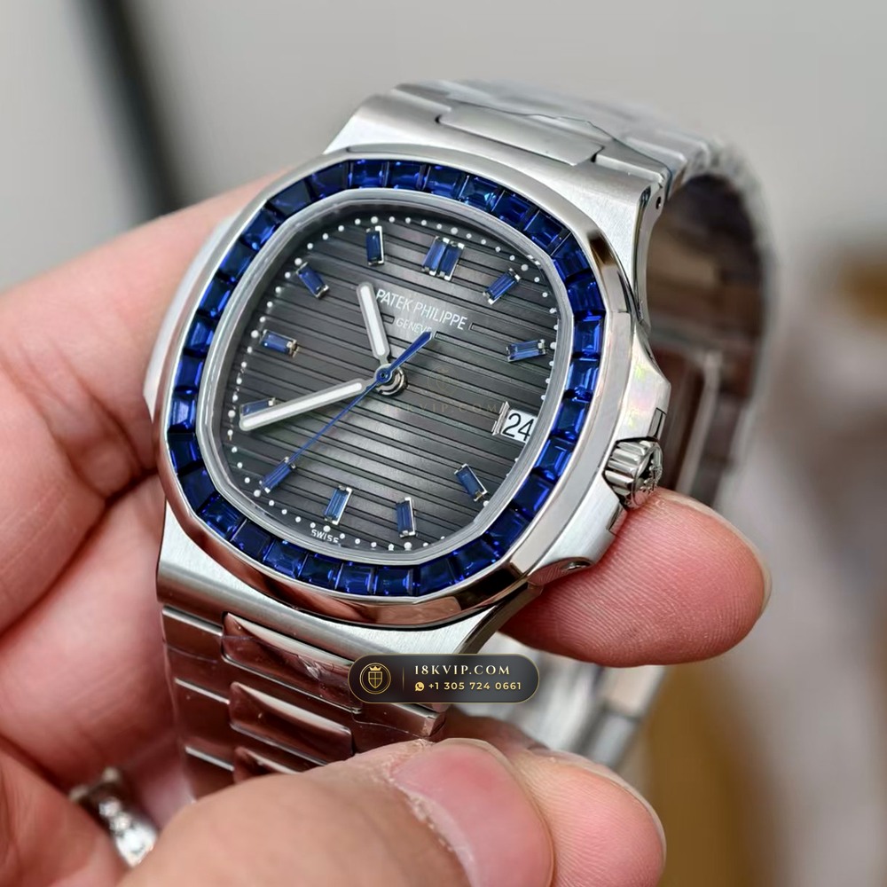 Patek Philippe Nautilus Off-Catalogue Baguette Blue Sapphire Bezel 950 Platinum Ref. 5711/111P-001 — Private Vault Edition — Studio Gallery Plate III in 950 Platinum Pt950 (245.4g Verified Mass, Patek Philippe Cal. 26-330 S C / Cal. 324 S C - 21K Gold Rotor)