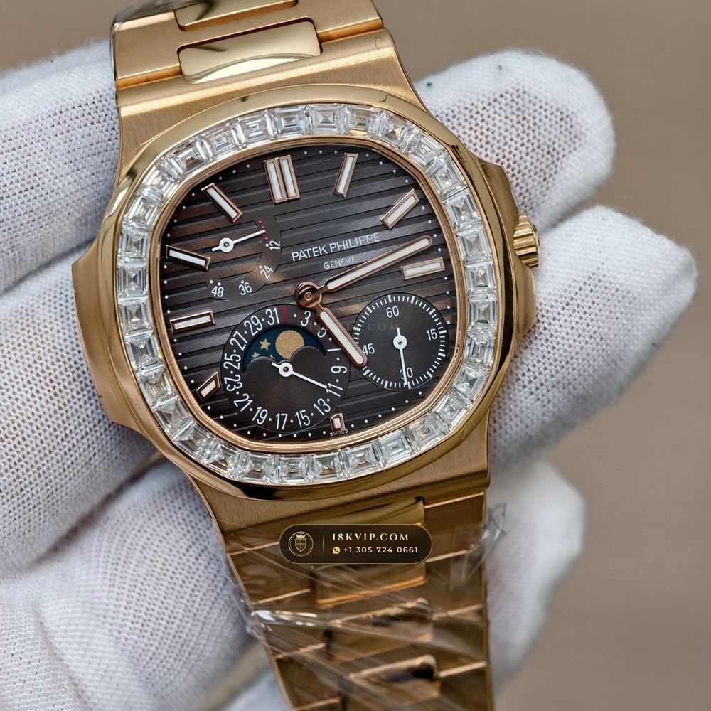 Patek Philippe Nautilus Moonphase & Power Reserve Diamond-Set Bezel 18K Rose Gold Ref. 5712R — Private Vault Edition — Studio Gallery Plate II in 18K Rose Gold Au750 (106.0g Verified Mass, Patek Philippe Cal. 240 PS IRM C LU - 22K Gold Micro-Rotor)