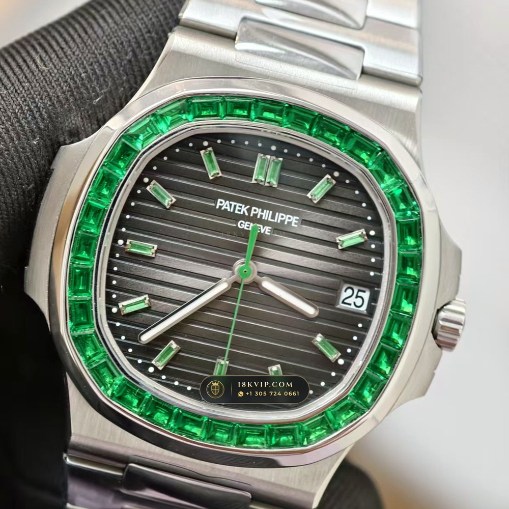 Patek Philippe Nautilus Self-Winding Baguette Emerald Bezel 950 Platinum 22K Gold Rotor Ref. 5711/113P-001 — Private Vault Edition — Studio Gallery Plate XI in 950 Platinum Pt950 (244.9g Verified Mass, Patek Philippe Cal. 26-330 S C / Cal. 324 S C - 21K Gold Rotor)