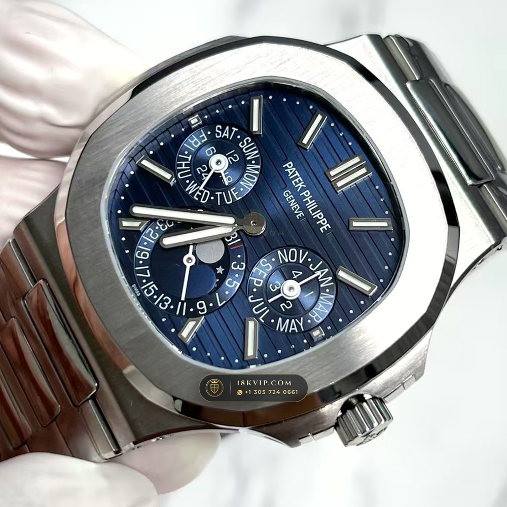 Patek Philippe Nautilus Grand Complication Perpetual Calendar Sunburst Blue Dial 18K White Gold Ref. 5740/1G-001 — Private Vault Edition — Studio Gallery Plate IV in 18K White Gold Au750 (183.6g Verified Mass, Patek Philippe Ultra-Thin Cal. 240 Q Perpetual Calendar - 22K Gold Micro-Rotor)