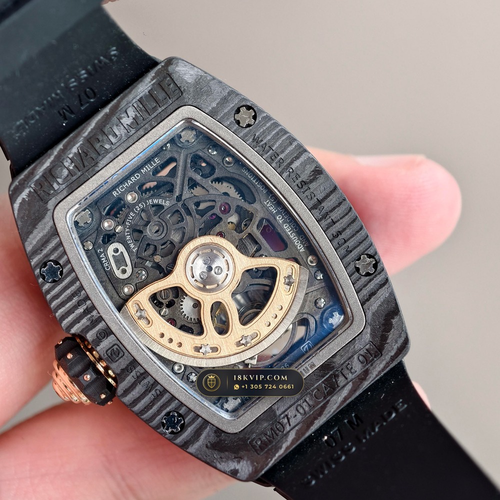 Richard Mille RM 07-01 Automatic Tonneau Dark Night Carbon TPT & Gold Leaf — Private Vault Edition — Studio Gallery Plate VI in Carbon TPT & Grade 5 Titanium (58.1g Verified Mass, Richard Mille Cal. CRMA2 Variable-Geometry Rotor)