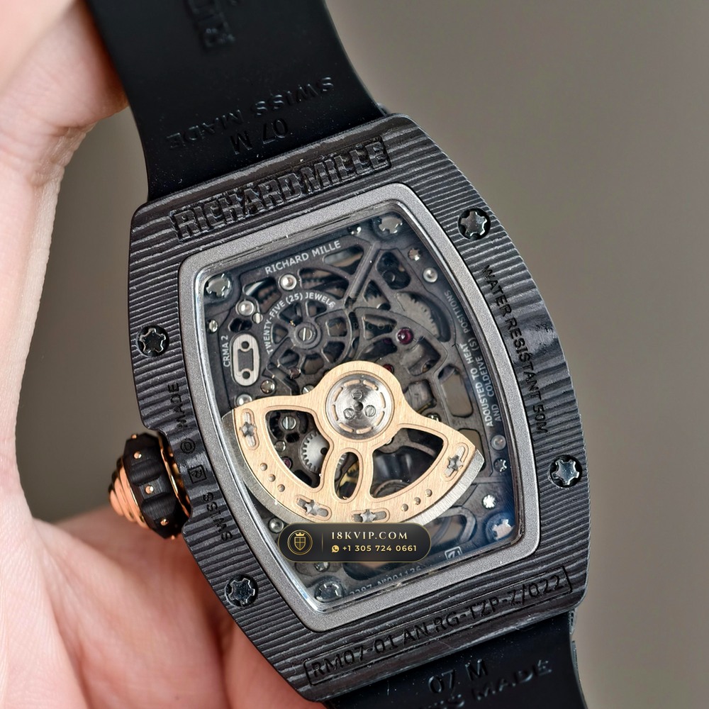 Richard Mille RM 07-01 Automatic Tonneau Misty Night Carbon TPT & Gold Leaf — Private Vault Edition — Studio Gallery Plate VII in Carbon TPT & Grade 5 Titanium (58.0g Verified Mass, Richard Mille Cal. CRMA2 Variable-Geometry Rotor)