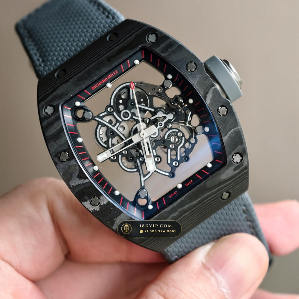 Richard Mille RM 055 Bubba Watson Manual Winding Dark Legend Carbon TPT — Private Vault Edition — Studio Gallery Plate III in Carbon TPT & Grade 5 Titanium (66.2g Verified Mass, Richard Mille Cal. RMUL2 Grade 5 Titanium Skeleton)