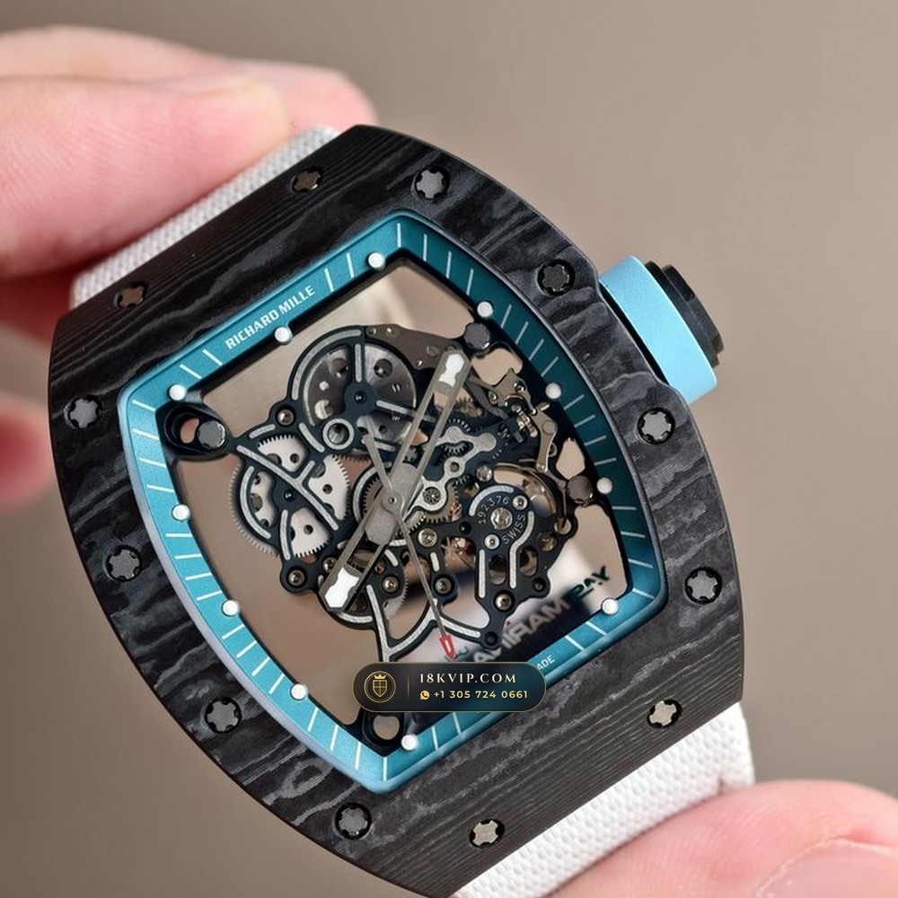Richard Mille RM 055 Bubba Watson Yas Marina Carbon TPT & Turquoise — Private Vault Edition — Studio Gallery Plate II in ATZ White Ceramic & Grade 5 Titanium (66.9g Verified Mass, Richard Mille Cal. RMUL2 Grade 5 Titanium Skeleton)