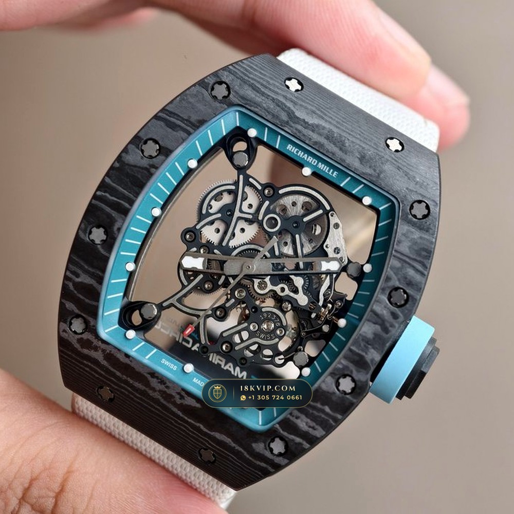 Richard Mille RM 055 Bubba Watson Yas Marina Carbon TPT & Turquoise — Private Vault Edition — Studio Gallery Plate III in ATZ White Ceramic & Grade 5 Titanium (66.9g Verified Mass, Richard Mille Cal. RMUL2 Grade 5 Titanium Skeleton)