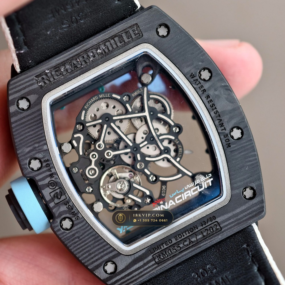 Richard Mille RM 055 Bubba Watson Yas Marina Carbon TPT & Turquoise — Private Vault Edition — Studio Gallery Plate VII in ATZ White Ceramic & Grade 5 Titanium (66.9g Verified Mass, Richard Mille Cal. RMUL2 Grade 5 Titanium Skeleton)