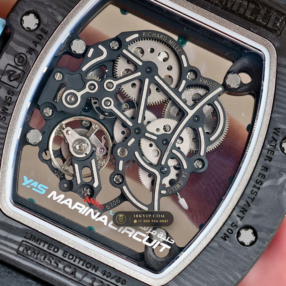 Richard Mille RM 055 Bubba Watson Yas Marina Carbon TPT & Turquoise — Private Vault Edition — Studio Gallery Plate VIII in ATZ White Ceramic & Grade 5 Titanium (66.9g Verified Mass, Richard Mille Cal. RMUL2 Grade 5 Titanium Skeleton)