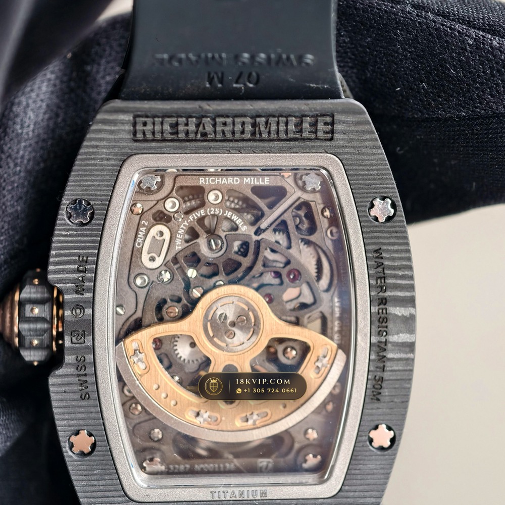 Richard Mille RM 07-01 Automatic Tonneau Dark Night Carbon TPT & Gold Leaf 5-Axis CNC Case — Private Vault Edition — Studio Gallery Plate VI in Carbon TPT & Grade 5 Titanium (57.9g Verified Mass, Richard Mille Cal. CRMA2 Variable-Geometry Rotor)