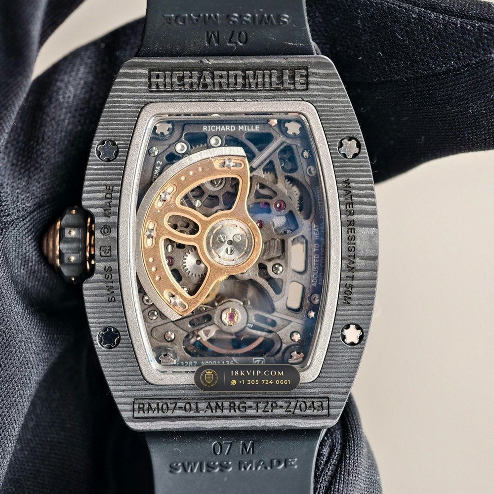 Richard Mille RM 07-01 Automatic Tonneau Dark Night Carbon TPT & Gold Leaf 5-Axis CNC Case — Private Vault Edition — Studio Gallery Plate VII in Carbon TPT & Grade 5 Titanium (57.9g Verified Mass, Richard Mille Cal. CRMA2 Variable-Geometry Rotor)