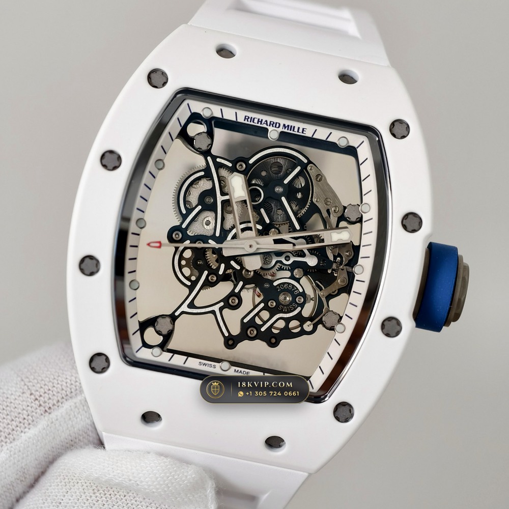 Richard Mille RM 055 Bubba Watson Manual Winding Hand-Chamfered Bevel Spec — Private Vault Edition — Studio Gallery Plate II in ATZ White Ceramic & Grade 5 Titanium (66.6g Verified Mass, Richard Mille Cal. RMUL2 Grade 5 Titanium Skeleton)